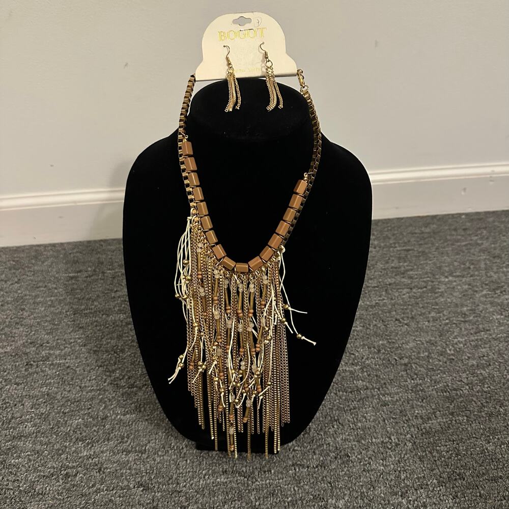 Tan And Gold Bogot Statement Dangle Bib Necklace And Earings - NEW